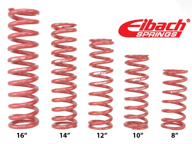 Red coil springs of varying lengths, labeled with sizes 16", 14", 12", 10", and 8", showcasing a glossy finish and designed for performance applications by Eibach.