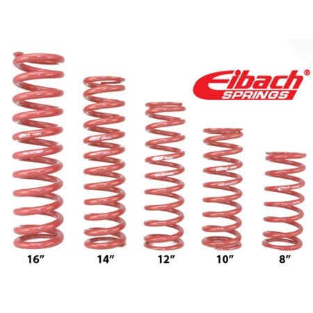 Red coilover spring with an 850 lbs/in rate, featuring a 2.250-inch inner diameter and 7-inch height, displayed among other springs of varying lengths, branded Eibach.