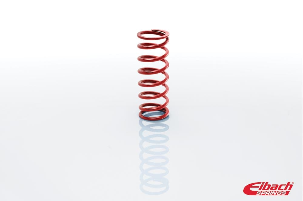 Red coil-over spring with a 2.25-inch inner diameter and 8-inch height, featuring tightly wound coils and a glossy finish, branded with Eibach logo.