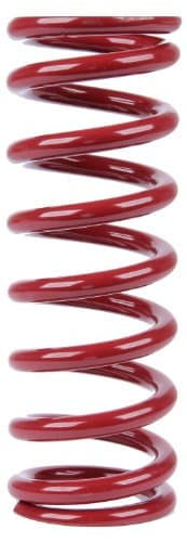 Red coilover spring with a 2.5-inch inner diameter and a 10-inch length, featuring tightly wound coils designed for a 275 lbs/in spring rate.