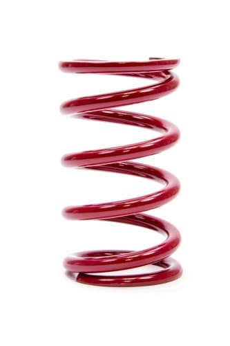 Red coil-over spring measuring 2.5 x 6 inches, featuring a smooth, glossy finish and tightly wound coils designed for automotive suspension systems.