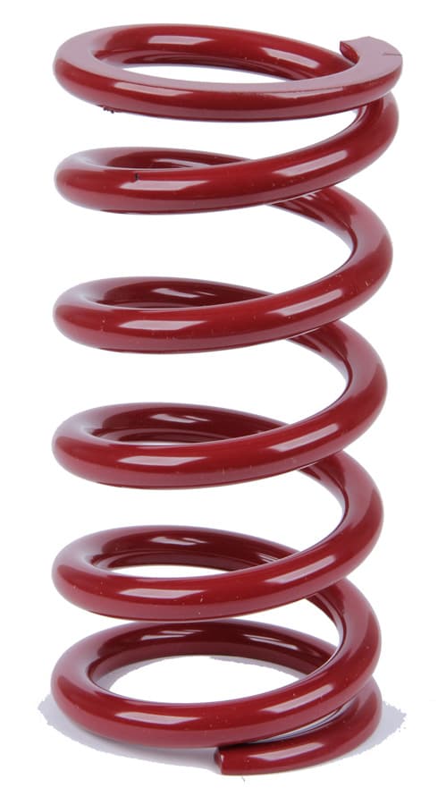 Red coil spring with seven tightly wound coils and a 2.5-inch inner diameter, designed for performance suspension applications.
