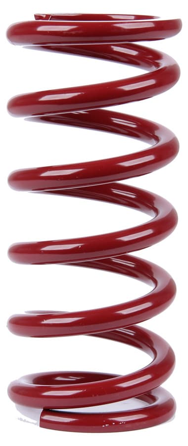 Red coil over spring with a 2.5-inch inner diameter and 8-inch height, featuring a smooth, glossy finish and tightly wound coils for enhanced performance.
