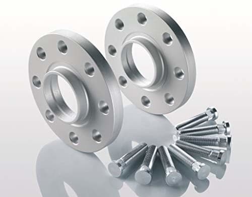 Silver aluminum track widening spacers with four holes each, accompanied by a set of bolts, designed to increase axle width by 20mm per axle.