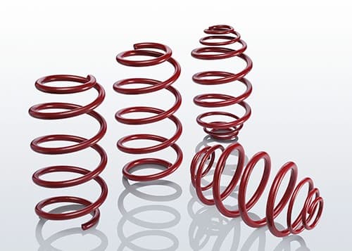 Eibach Sportline Lowering Spring Kit featuring four red coil springs designed to lower vehicle height by 45mm in the front and 20mm in the rear, made from durable metal.