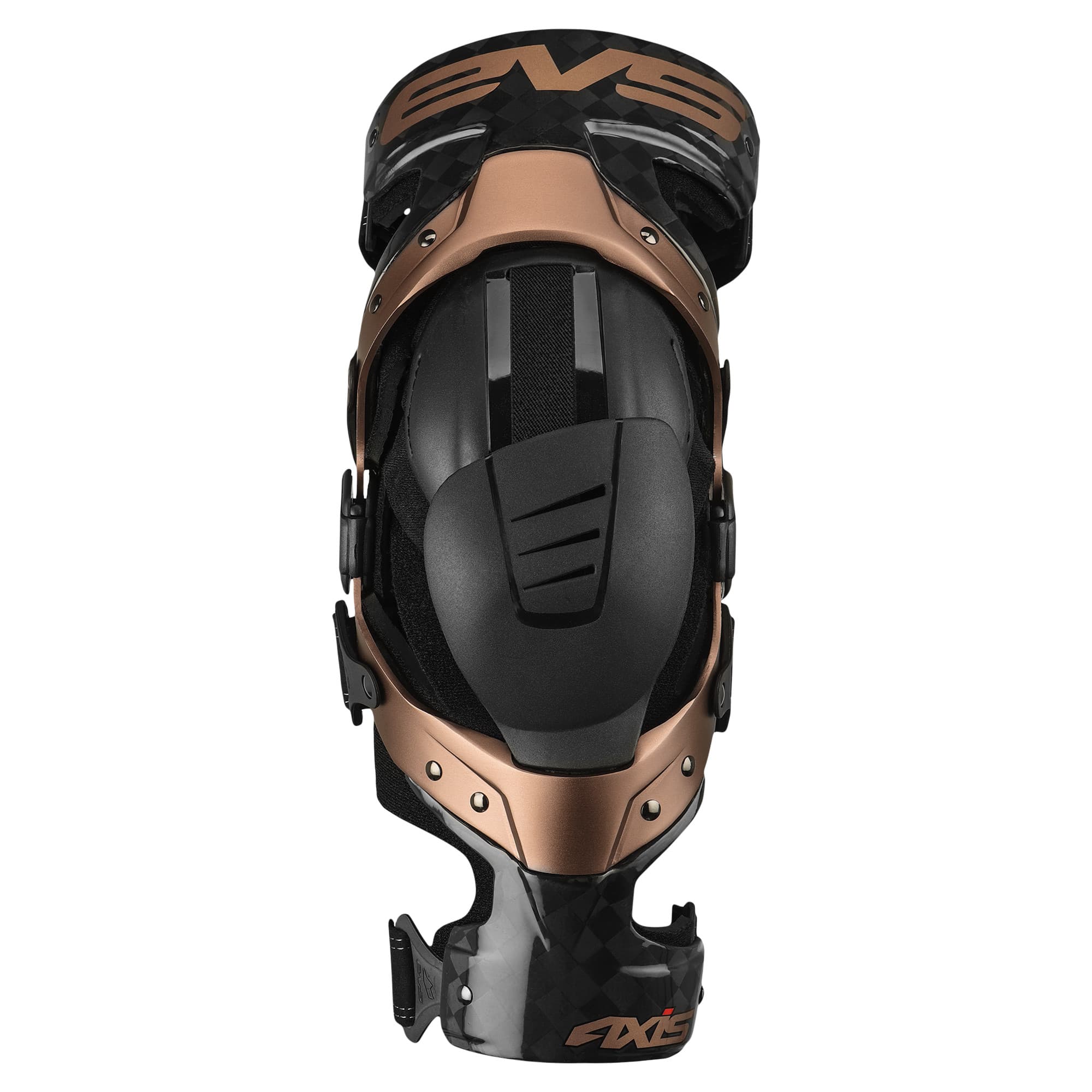 Black and copper knee brace featuring a sleek design, adjustable straps, and a sturdy shell for support, labeled with "EVS" and "AXIS" branding, size large.