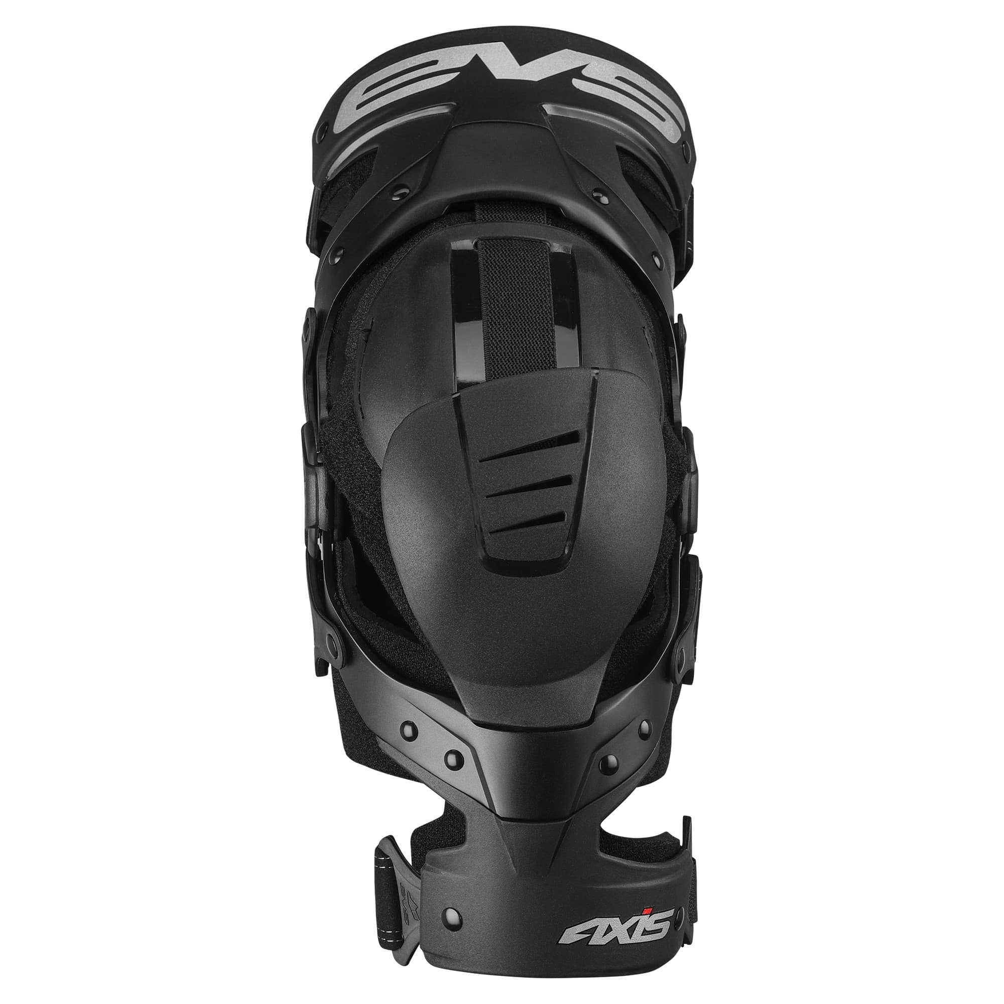 Large black EVS Axis Sport knee brace featuring a sleek design, adjustable straps, and reinforced padding for enhanced support and protection during sports activities.