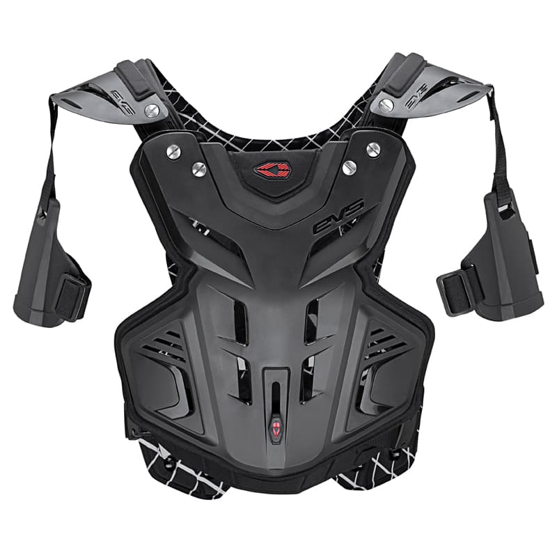 Black EVS F2 Roost Guard chest protector armor features a durable design with adjustable shoulder straps and a sleek, contoured fit for enhanced protection.