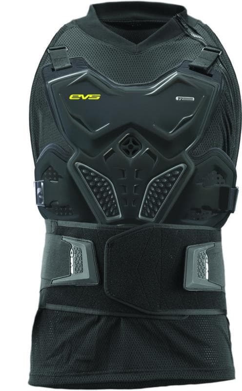 Black ballistic jersey featuring a padded chest protector, adjustable waist straps, and breathable mesh material, with the EVS logo prominently displayed in yellow.
