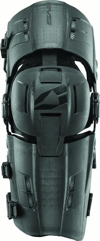 Black EVS RS9 knee braces in size S, featuring a durable design with adjustable straps and a textured surface for enhanced grip and support.