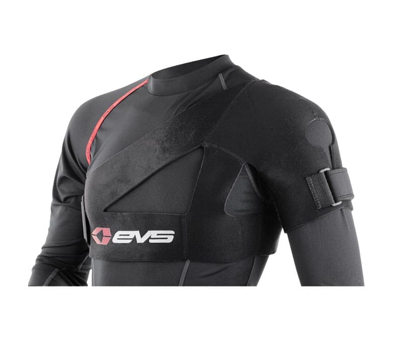 Black EVS SB02 Shoulder Support in size L features a sleek design with a padded shoulder area, adjustable strap, and logo detailing on the front.