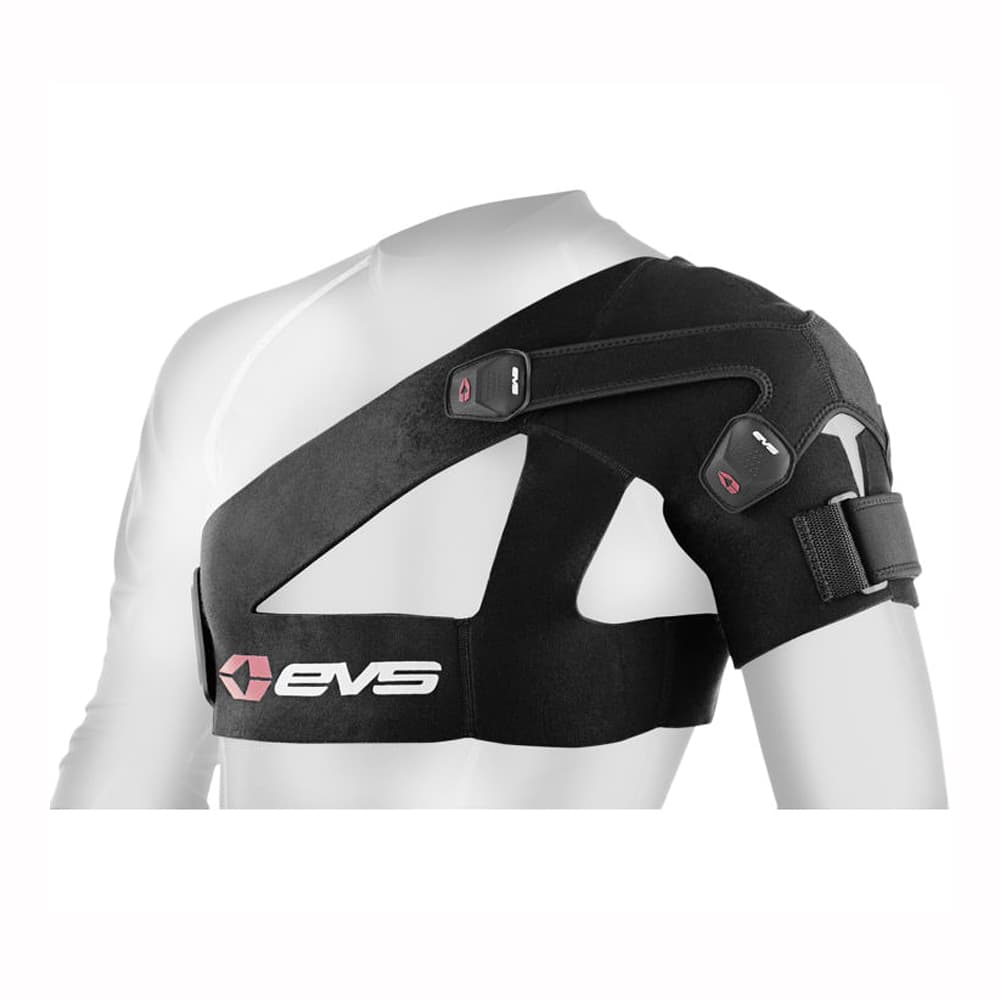 Black EVS Sports SB03 shoulder brace in small size, featuring adjustable straps, a sleek design, and breathable material for support and comfort.