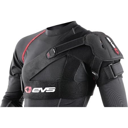 Black EVS SB04 Shoulder Stabiliser in size XXL, featuring adjustable straps, padded shoulder support, and a sleek design with the EVS logo prominently displayed.