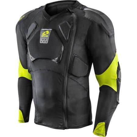 Black long-sleeve jersey featuring protective padding, mesh panels, and bright yellow accents, designed for men in a large size by EVS Sports.