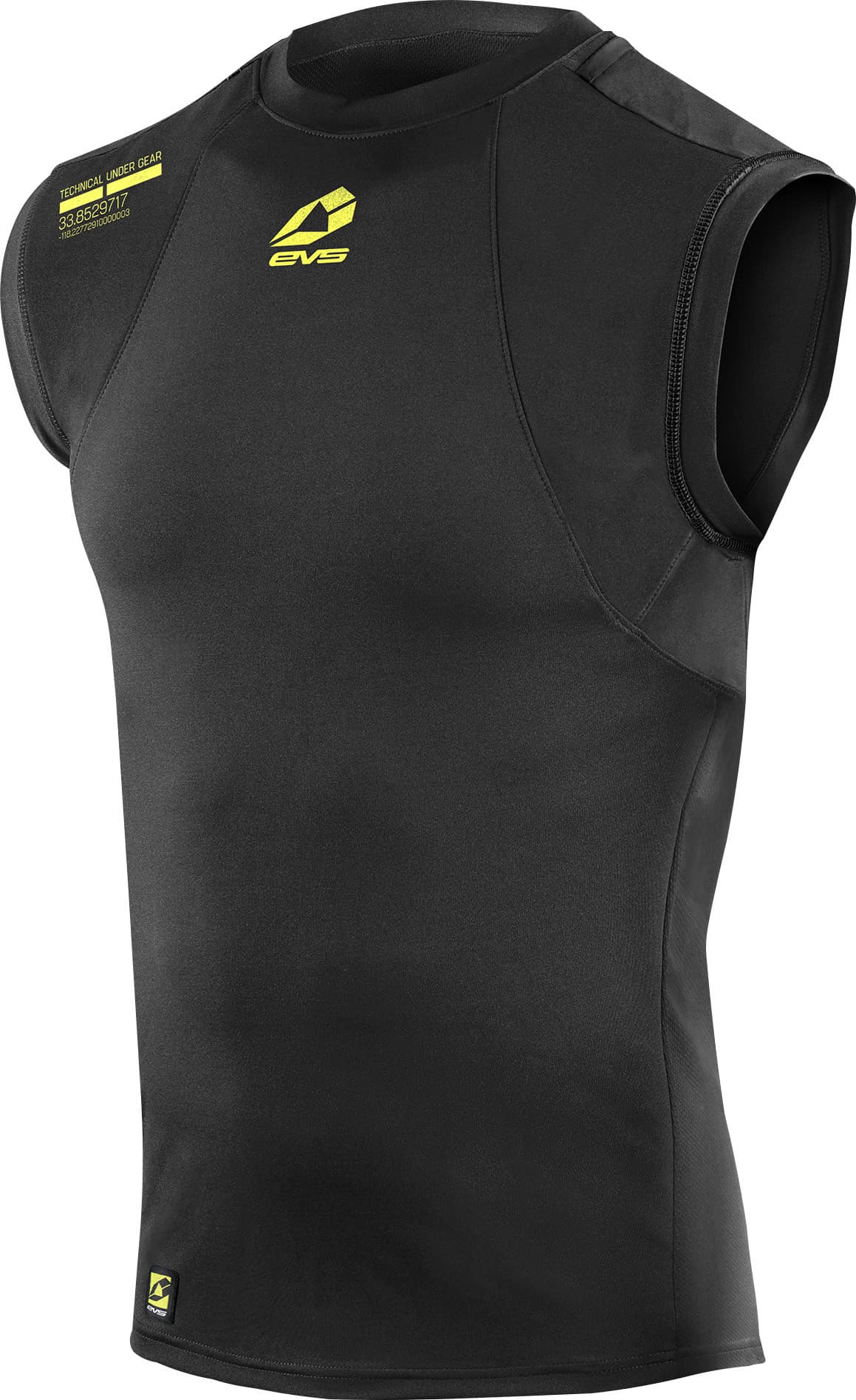 Black sleeveless vest made of stretchy material, featuring a fitted design, yellow EVS logo on the chest, and reinforced stitching for durability.