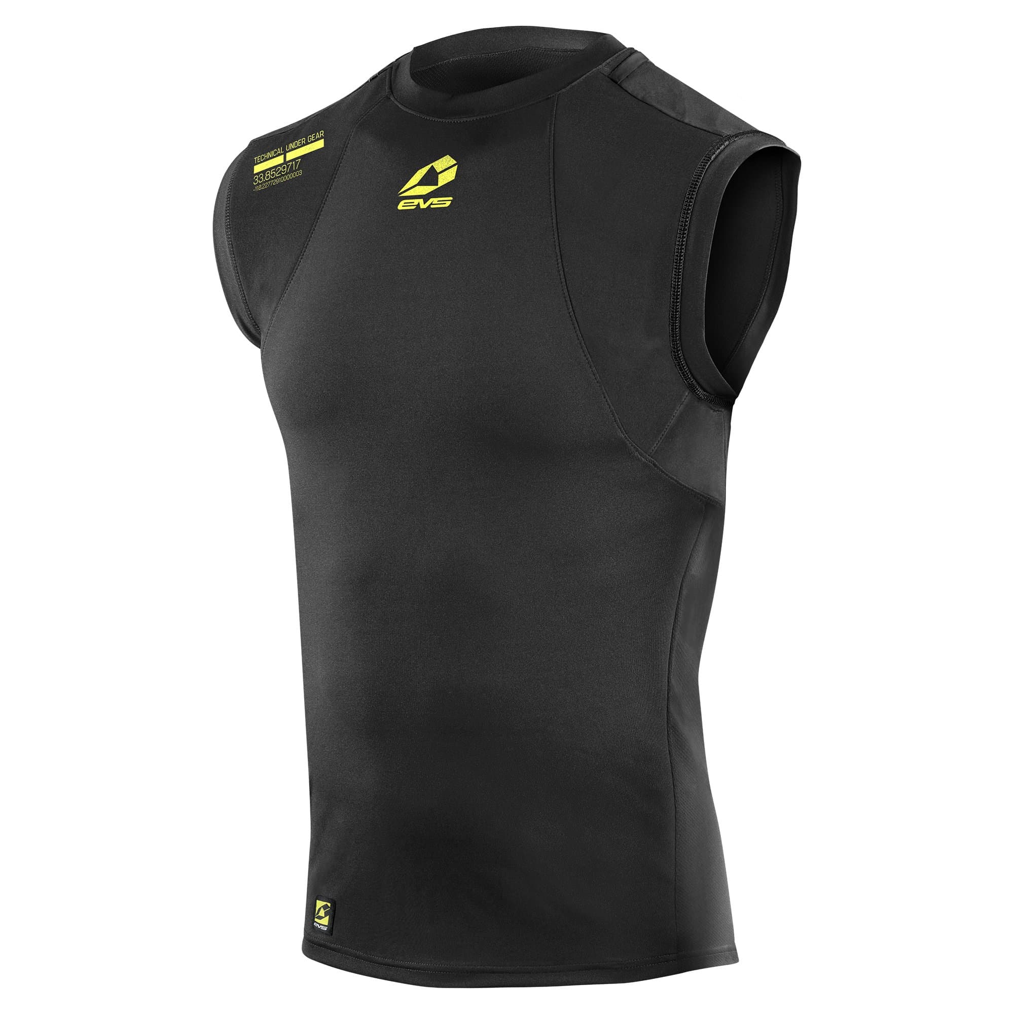 Black sleeveless cooling shirt by EVS, size S, featuring a fitted design and yellow logo accents on the chest and side for enhanced visibility and style.