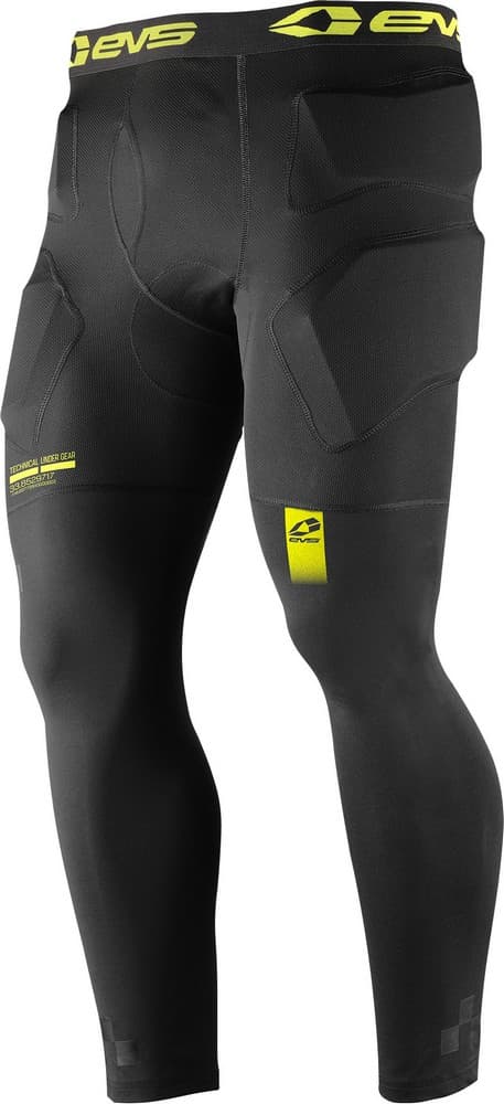 Black padded 3/4 pants with yellow accents, featuring protective padding on thighs and hips, made from a stretchy, moisture-wicking material, designed for impact protection in sports.