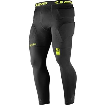 Black padded winter pants by EVS, featuring a snug fit, protective padding on the hips and thighs, and a bright yellow logo detail. Size: Small.