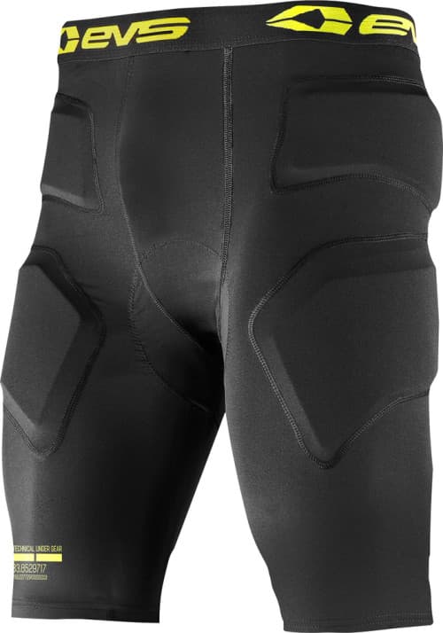 Black impact shorts featuring padded protection, a snug fit, and bright yellow EVS logo on the waistband, designed for men's active wear.