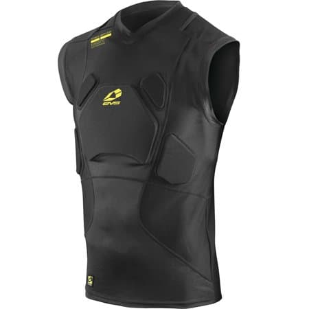 Black EVS TUG Impact Vest in medium size, featuring a sleek design with padded protection zones and a breathable fabric for comfort during sports activities.