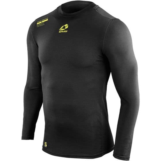 Black long sleeve winter top by EVS, made from a stretchy material, featuring a yellow logo on the chest and a snug fit, designed for warmth and comfort in cold weather.