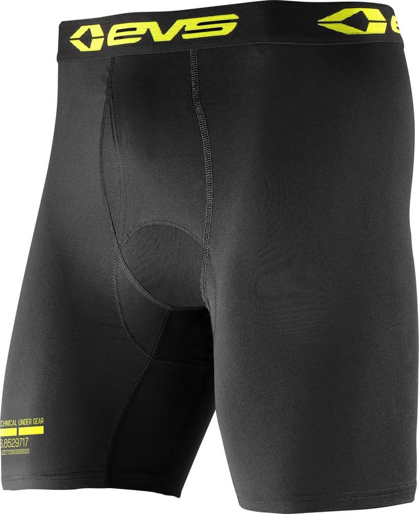 Black EVS TUG Moto boxer shorts in medium size, featuring a snug fit, soft material, and bright yellow logo on the waistband.