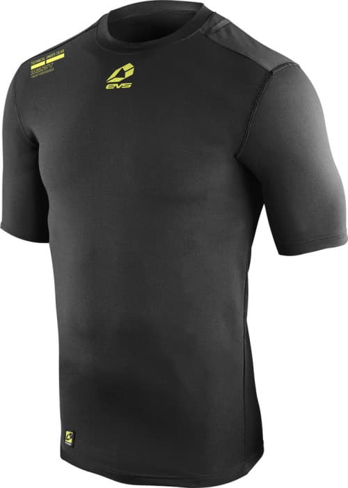 Black short sleeve tug top for men by EVS, featuring a sleek design, stretchable material, and yellow logo accents on the shoulder and chest. Size small.