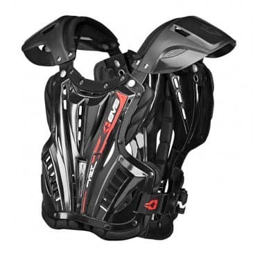 Black EVS Vex Roost Chest Protector in size L for men, featuring a sleek design with red accents, adjustable straps, and ventilation holes for breathability.