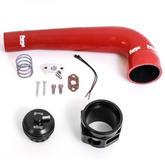 Black Forge blow-off valve with a sleek finish, accompanied by a red silicone hose, metal fittings, a spring, and various screws for installation.