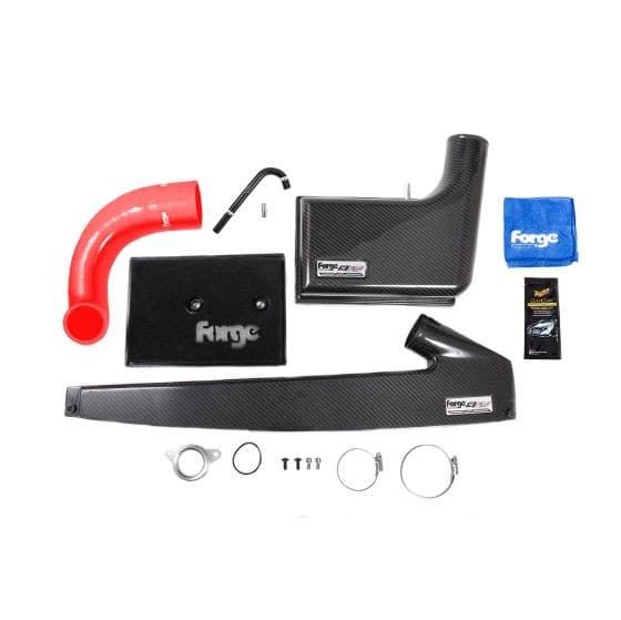 High Flow Carbon Intake Kit by Forge featuring red silicone hoses, carbon fiber components, and installation accessories including clamps and a microfiber cloth.