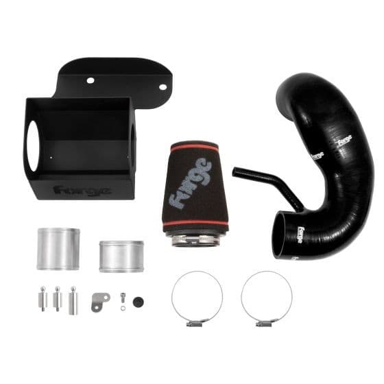 Black induction kit featuring a black shield, black silicone hoses, OEM rubbers, and metal components, all branded with the Forge logo.