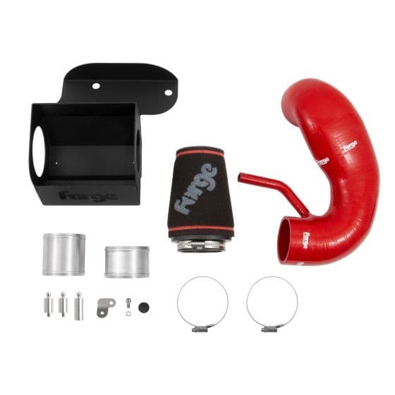 Black shield induction kit with red silicone hoses, OEM rubbers, a black air filter, and metal clamps, featuring the Forge logo prominently on the components.
