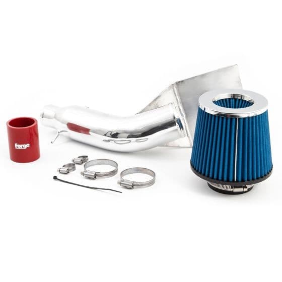 Forge Induction Kit featuring a pleated blue filter, shiny alloy pipe, red silicone hose, and metal clamps, designed for enhanced engine performance.