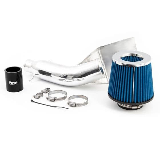 Forge Induction Kit featuring a pleated blue filter, shiny silver intake pipe, black silicone hose, and metal clamps, designed for enhanced engine performance.