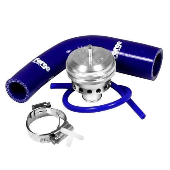 Black and blue Forge Remote Sited Blow Off Valve with a shiny silver body, featuring a spring-loaded diaphragm, accompanied by blue silicone hoses and a metal clamp.