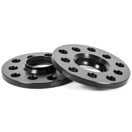 Black aluminum wheel spacers with a 5mm thickness, featuring a 5x100/5x112 PCD fitment, and multiple bolt holes for secure attachment, branded with "Forge."