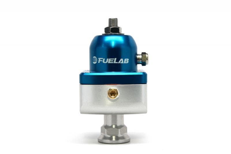 Fuelab Carburettor Blocking Style Fuel Pressure Regulator in blue and silver, featuring a metallic finish, adjustable top, and a single inlet and outlet port.