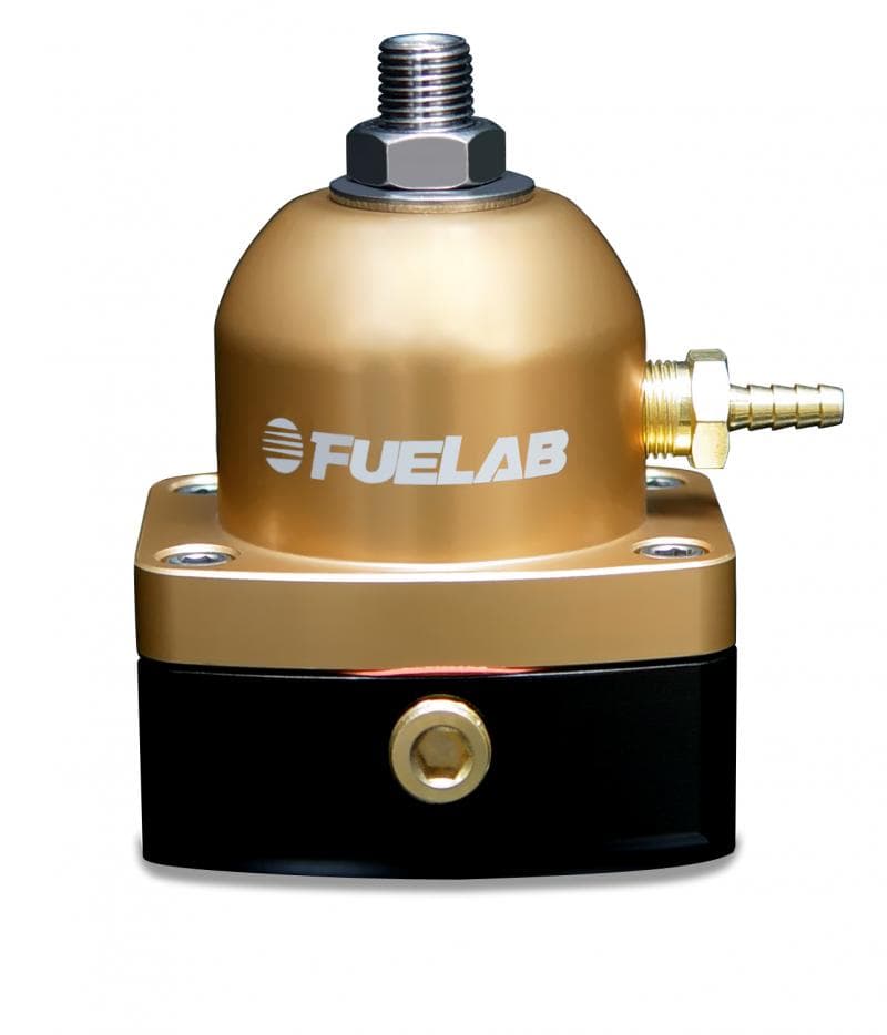 Gold adjustable fuel pressure regulator with a 25-90 PSI range, featuring two -6AN inlet ports and one -6AN return port, mounted on a black base.