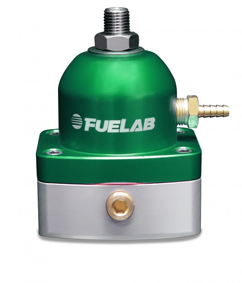 Green and silver Fuelab Fuel Pressure Mini-Regulator (535xx Series) with a rounded top, a threaded connector, and a side inlet fitting, featuring a polished silver base.