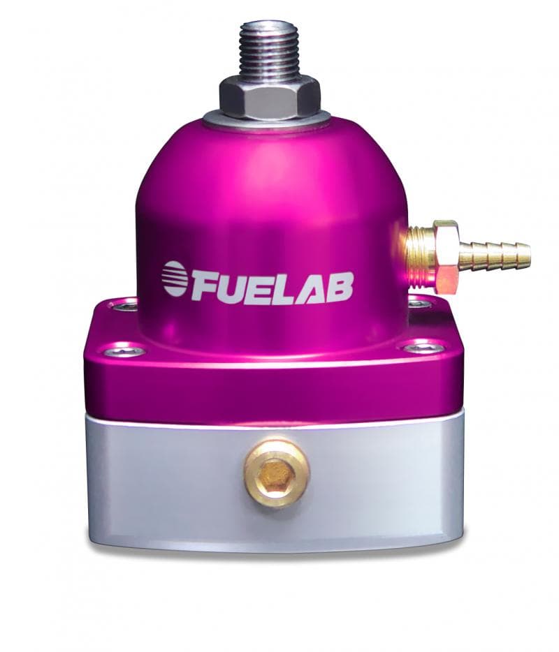 Purple and silver Fuelab Fuel Pressure Mini-Regulator with a rounded top, featuring a threaded inlet, a barbed outlet, and a metallic finish, designed for in-line return applications.