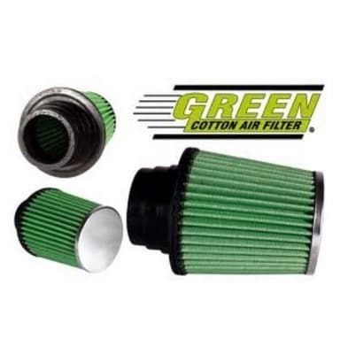 Green K1.100 sport air filter featuring a cylindrical design with a green cotton filter element and black rubber ends, ideal for enhancing engine performance.