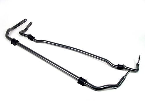 H&R 22mm 2-way adjustable front anti-roll bar in a sleek metallic finish, featuring curved arms and rubber bushings for enhanced vehicle stability.