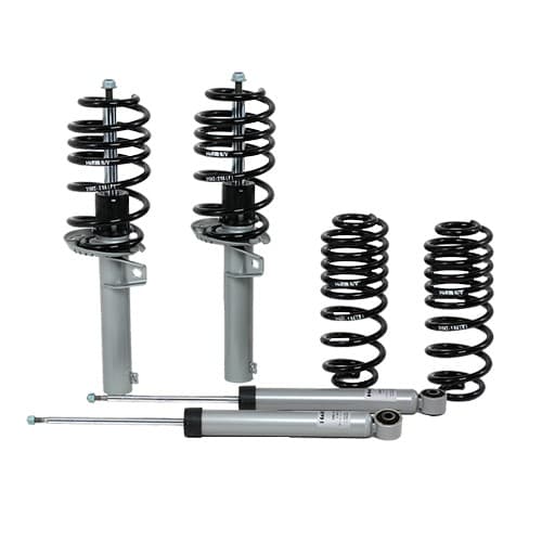 H&R 41977-1 Suspension Kit featuring two black coil springs and two silver shock absorbers, designed for enhanced comfort in vehicle suspension systems.