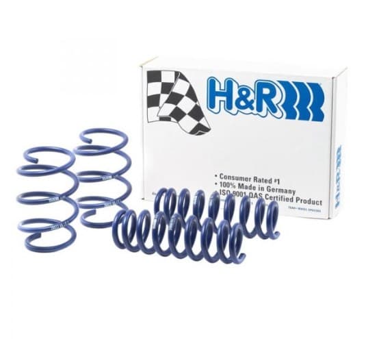 Blue coil springs with a glossy finish, designed for 2016-2018 Ford Focus, displayed alongside a white box featuring the H&R logo and checkered flag design.