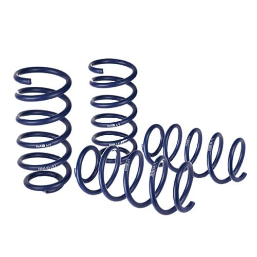 Blue coil springs in a performance suspension kit, featuring two front springs and two rear springs, designed for lowering a vehicle's axle by 30mm in front and 55mm in rear.