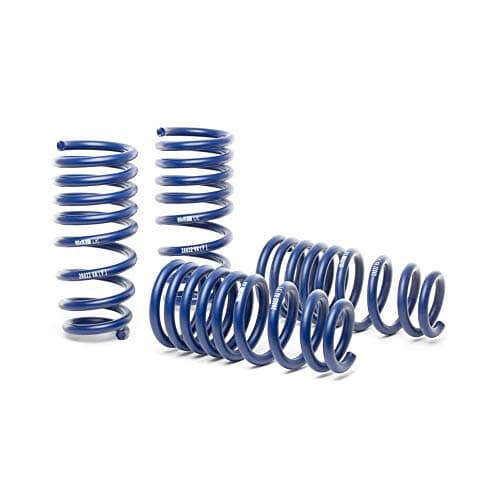 Blue coil springs from H&R Suspension Kit, designed for BMW 2 Coupe, 4 Coupe, and 3 Saloon, featuring a durable metal construction and a sleek, sporty design.