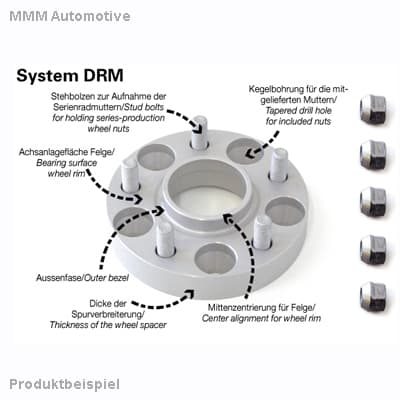 Silver aluminum wheel spacer with a central hub hole, four bolt holes, and tapered nut design, labeled with technical specifications for track widening.