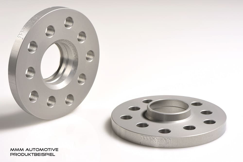 Silver aluminum wheel spacers with a smooth finish, featuring 4 holes and a central hub, designed for track widening of 36mm per axle, labeled with H&R branding.
