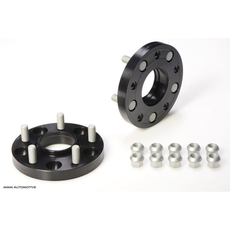 Black aluminum wheel spacers with five holes, featuring a smooth finish and included silver bolts, designed for a 20mm track widening per axle.