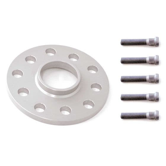Silver aluminum wheel spacer with a 20mm thickness, featuring five holes, accompanied by four matching bolts for installation.
